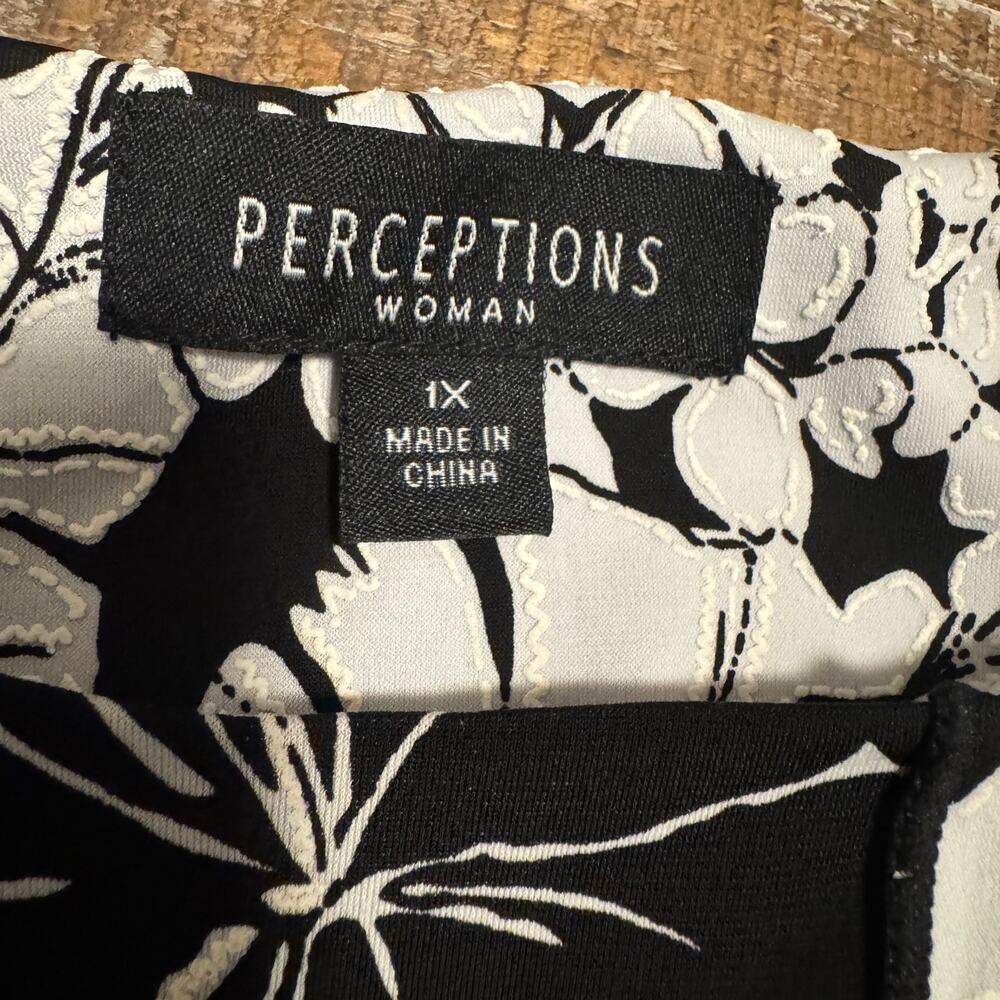 Perceptions Woman Size 1X Black White Floral Sleeveless Midi Dress Ruched Waist - Picture 4 of 8